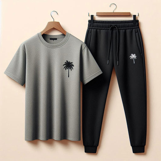 Printed T-Shirt and Pants Set - PSPRTSPA21 - Grey Black