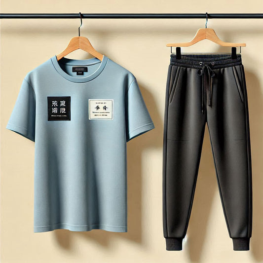 Mens Pants + T-Shirt Printed Set by Tee Tall - TTMPTZS29 - Light Blue Black