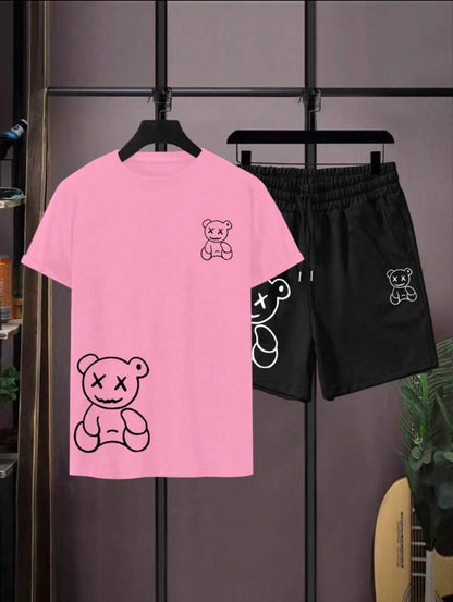 Mens Summer Shorts + T-Shirt Set - TTMSS205 - Pink Black