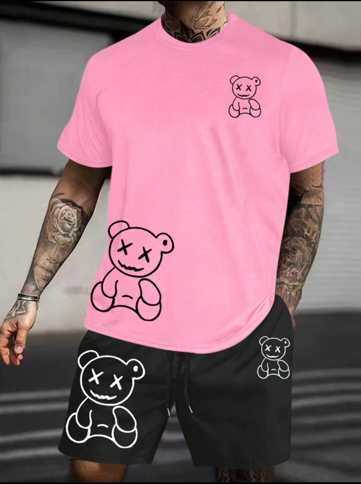 Mens Summer Shorts + T-Shirt Set - TTMSS205 - Pink Black