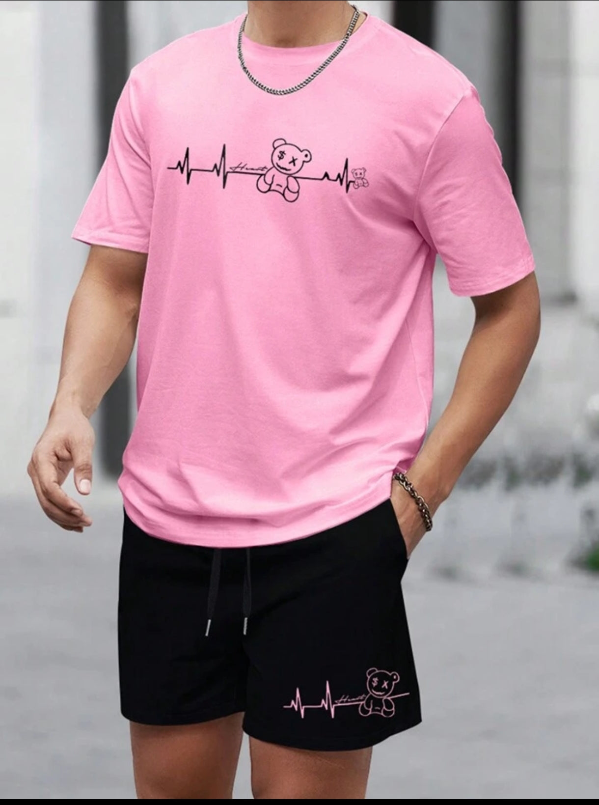 Mens Summer Shorts + T-Shirt Set - TTMSS204 - Pink Black