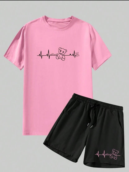 Mens Summer Shorts + T-Shirt Set - TTMSS204 - Pink Black