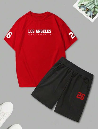 Mens Summer Shorts + T-Shirt Set - TTMSS211 - Red Black