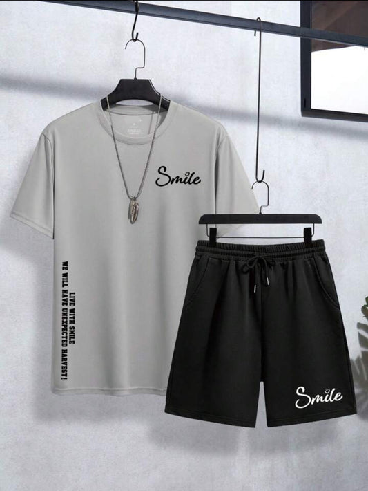 Mens Summer Shorts + T-Shirt Set - TTMSS216 - Grey Black