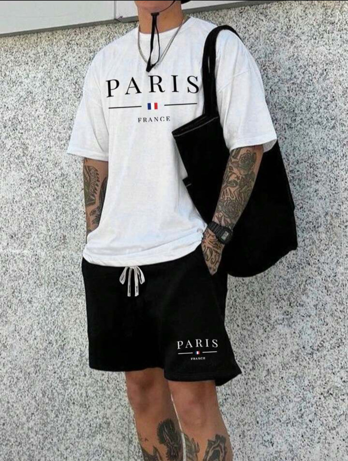 Mens Summer Shorts + T-Shirt Set - TTMSS215 - White Black