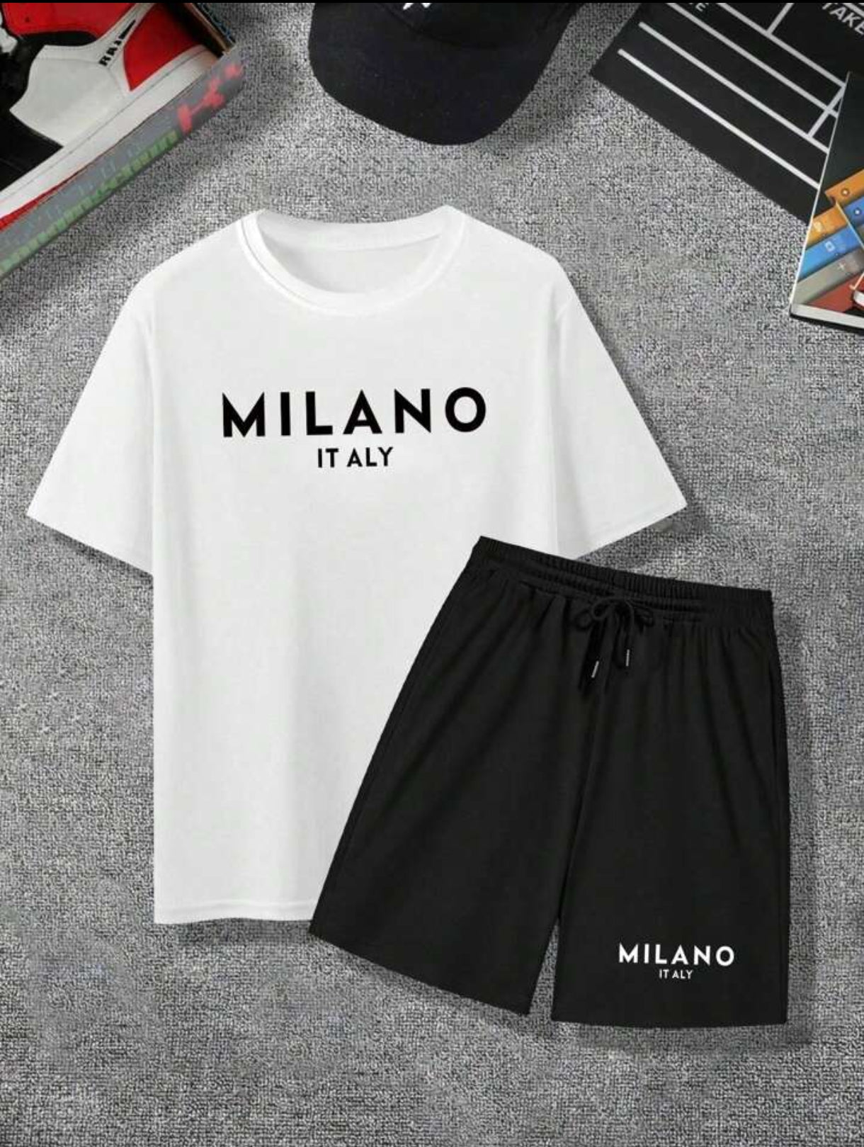 Mens Summer Shorts + T-Shirt Set - TTMSS219 - White Black