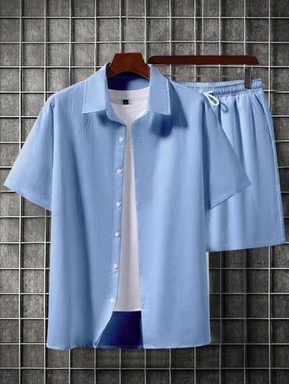 Mens Viscose Shorts + Shirt Set - TTVMS1 - Light Blue - Low Cost Edition