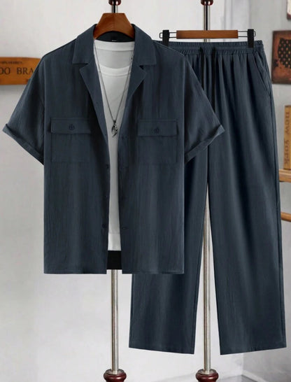 Mens Viscose Pants + Shirt Set - TTVMS4 - Navy Blue - Low Cost Edition