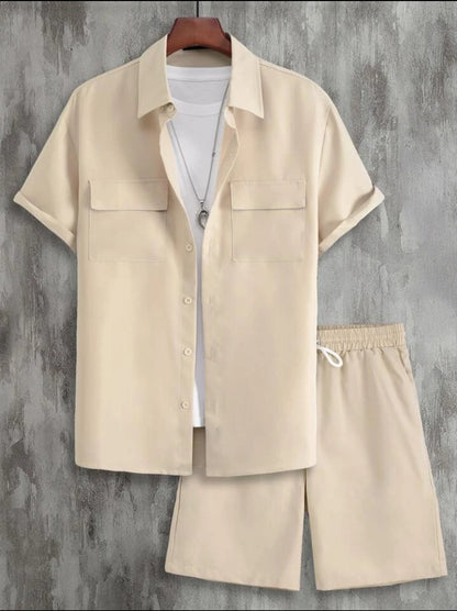 Mens Viscose Shorts + Shirt Set - TTVMS7 - Cream - Low Cost Edition