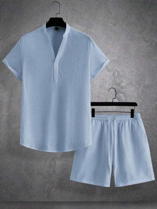 Mens Viscose Shorts + Shirt Set - TTVMS10 - Light Blue - Low Cost Edition