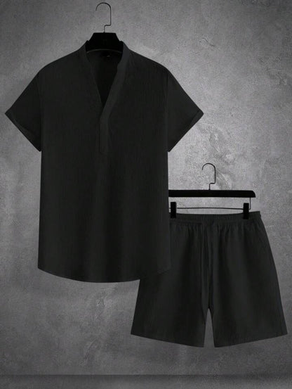 Mens Viscose Shorts + Shirt Set - TTVMS10 - Black - Low Cost Edition