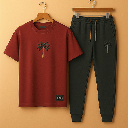 Printed T-Shirt and Pants Set - PSPRTSPA23 - Maroon Black