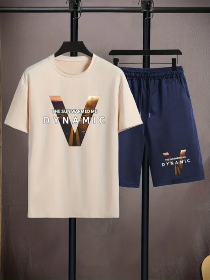 Mens Summer Shorts + T-Shirt Set - TTMSS162 - Cream Navy Blue