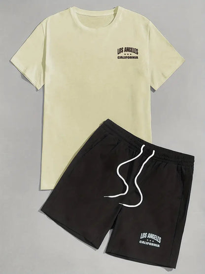 Mens Summer Shorts + T-Shirt Set - TTMSS217 - Cream Black