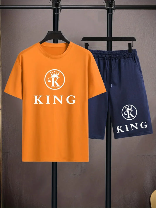 Mens Summer Shorts + T-Shirt Set - TTMSS161 - Orange Navy Blue