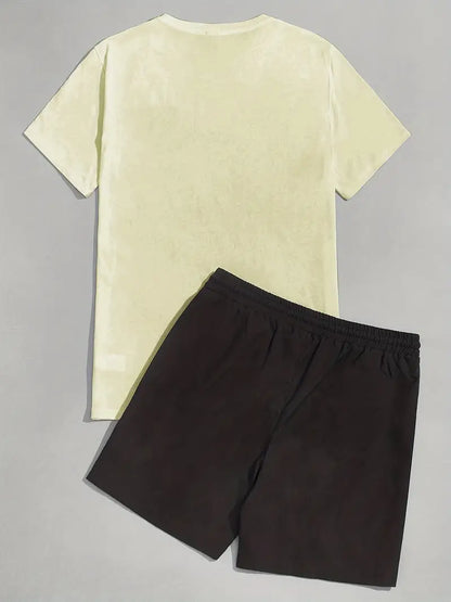 Mens Summer Shorts + T-Shirt Set - TTMSS217 - Cream Black