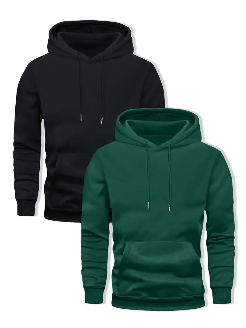 Mens 2 Plain Kangaroo Hoodie Bundle TTP2KH5 - Black Green