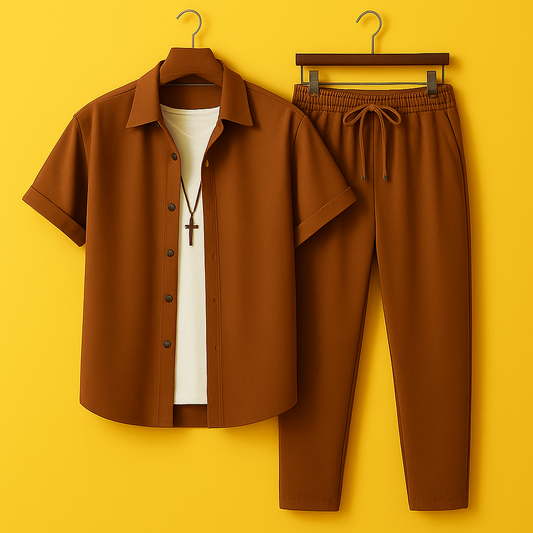 Mens Viscose Pants + Shirt Set - TTVMS29 - Brown