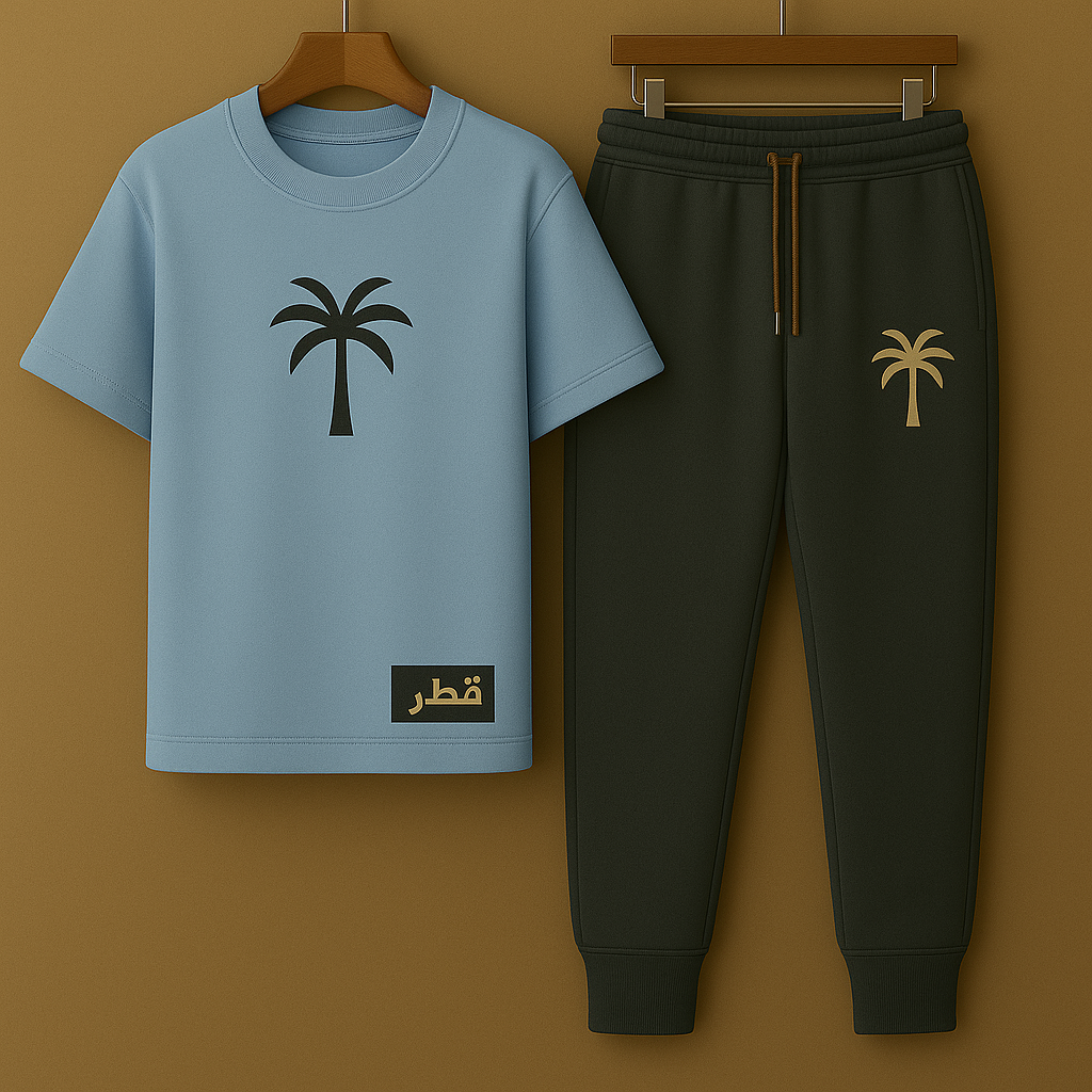 Printed T-Shirt and Pants Set Qatar Exclusive - PSPRTSQA1 - Light Blue Black