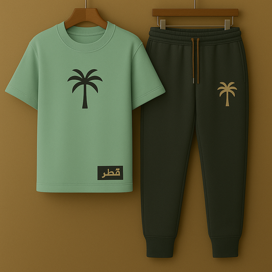 Printed T-Shirt and Pants Set Qatar Exclusive - PSPRTSQA1 - Mint Green Black