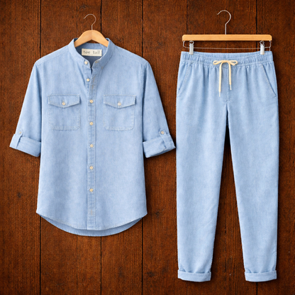 Mens Button Up Cotton Full Sleeve Shirt and Pants Set TTMSPTS126 - Light Blue