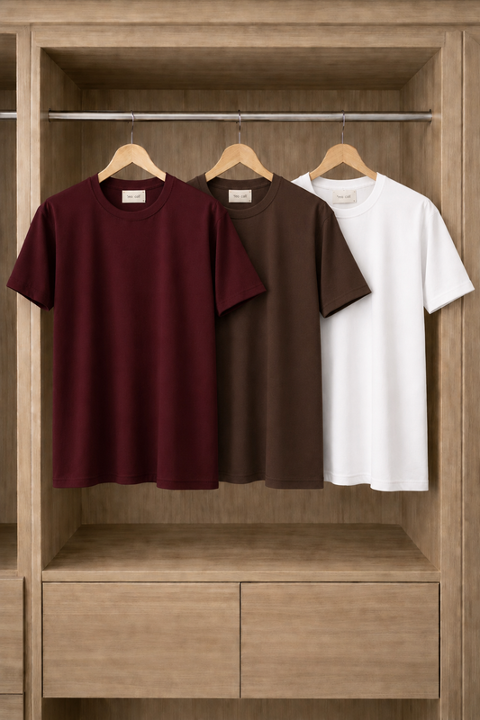 Mens 3 Plain Round Neck T-Shirt Bundle FAMTSB27 - Maroon Brown White