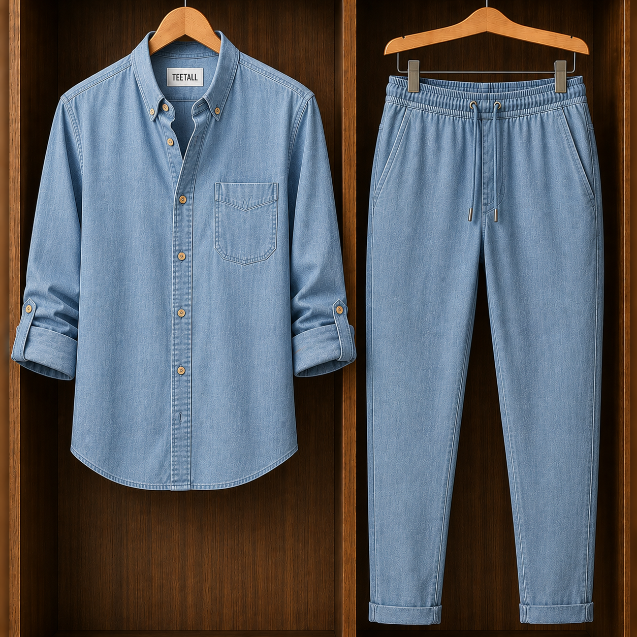 Mens Button Up Summer Chambray Cotton Full Sleeve Shirt and Pants Set TTMSPTS175 - Blue