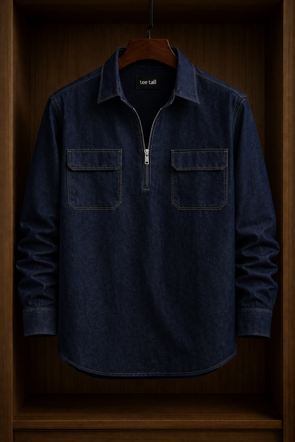 Mens Half Placket Zip Denim Chambray Cotton Full Sleeve Shirt TTMBUS188 - Blue