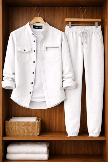 Mens Button Up Cotton Full Sleeve Shirt and Pants Set TTMSPTS111 - White