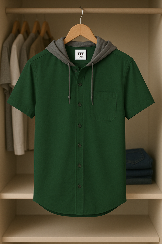 Mens Button Up Half Sleeve Cotton Hooded Shirt TTMBUS25 - Green