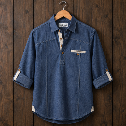 Mens Short Cotton Chambray Full Sleeve Shirt TTMSK178 - Blue
