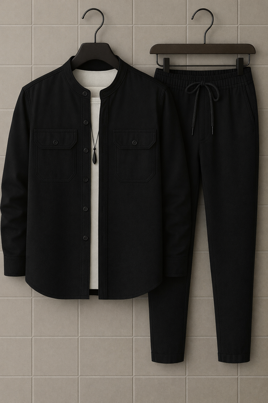 Mens Button Up Cotton Full Sleeve Shirt and Pants Set TTMSPTS38 - Black