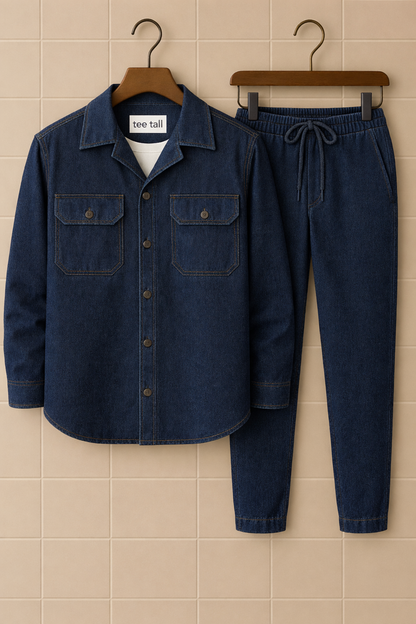 Mens Button Up Cotton Chambray Denim Full Sleeve Shirt and Pants Set TTMSPTS36 - Blue