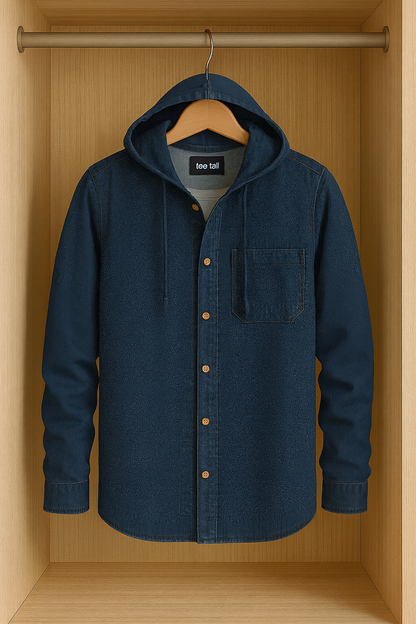 Mens Button Up Cotton Chambray Denim Hooded Full Sleeve Shirt TTMBUS38 - Blue
