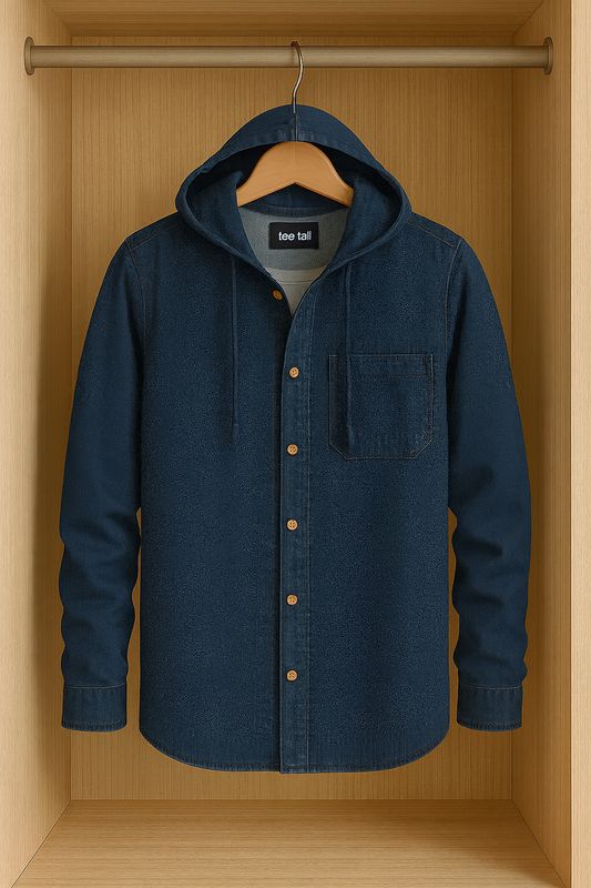 Mens Button Up Cotton Chambray Denim Hooded Full Sleeve Shirt TTMBUS38 - Blue