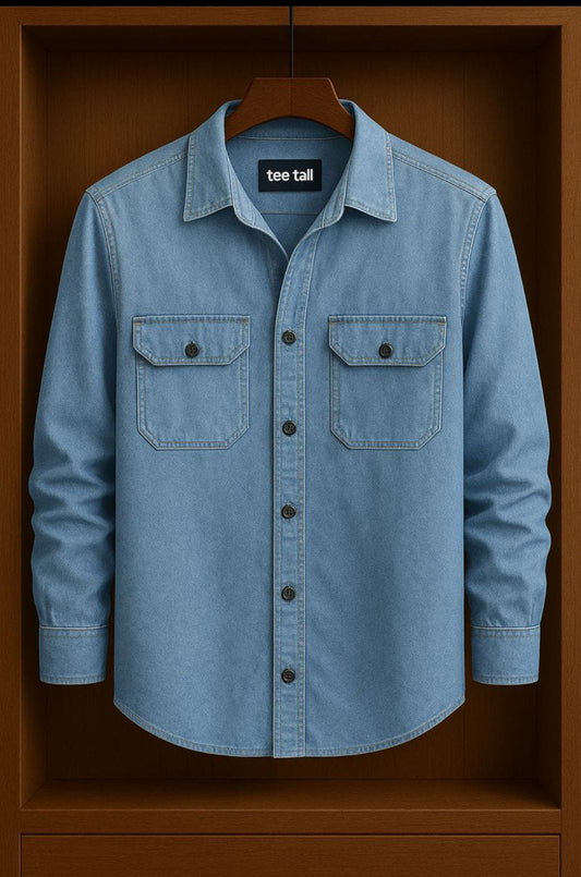 Mens Button Up Denim Chambray Cotton Full Sleeve Shirt TTMBUS164 - Blue