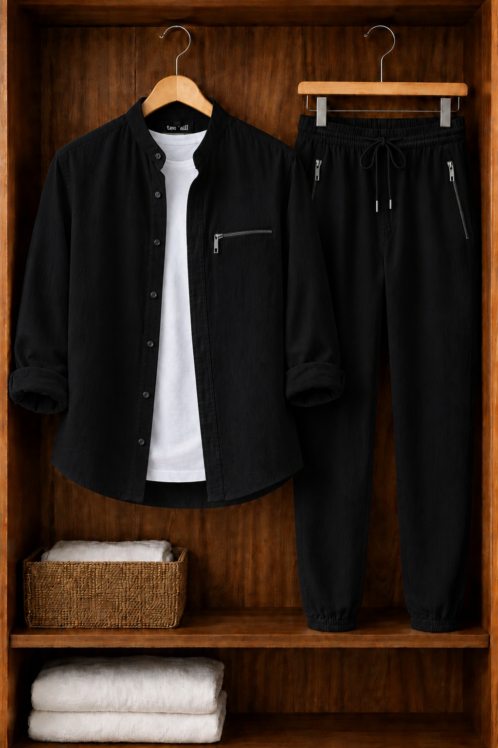 Mens Button Up Summer Cotton Full Sleeve Shirt and Pants Set TTMSPTS151 - Black