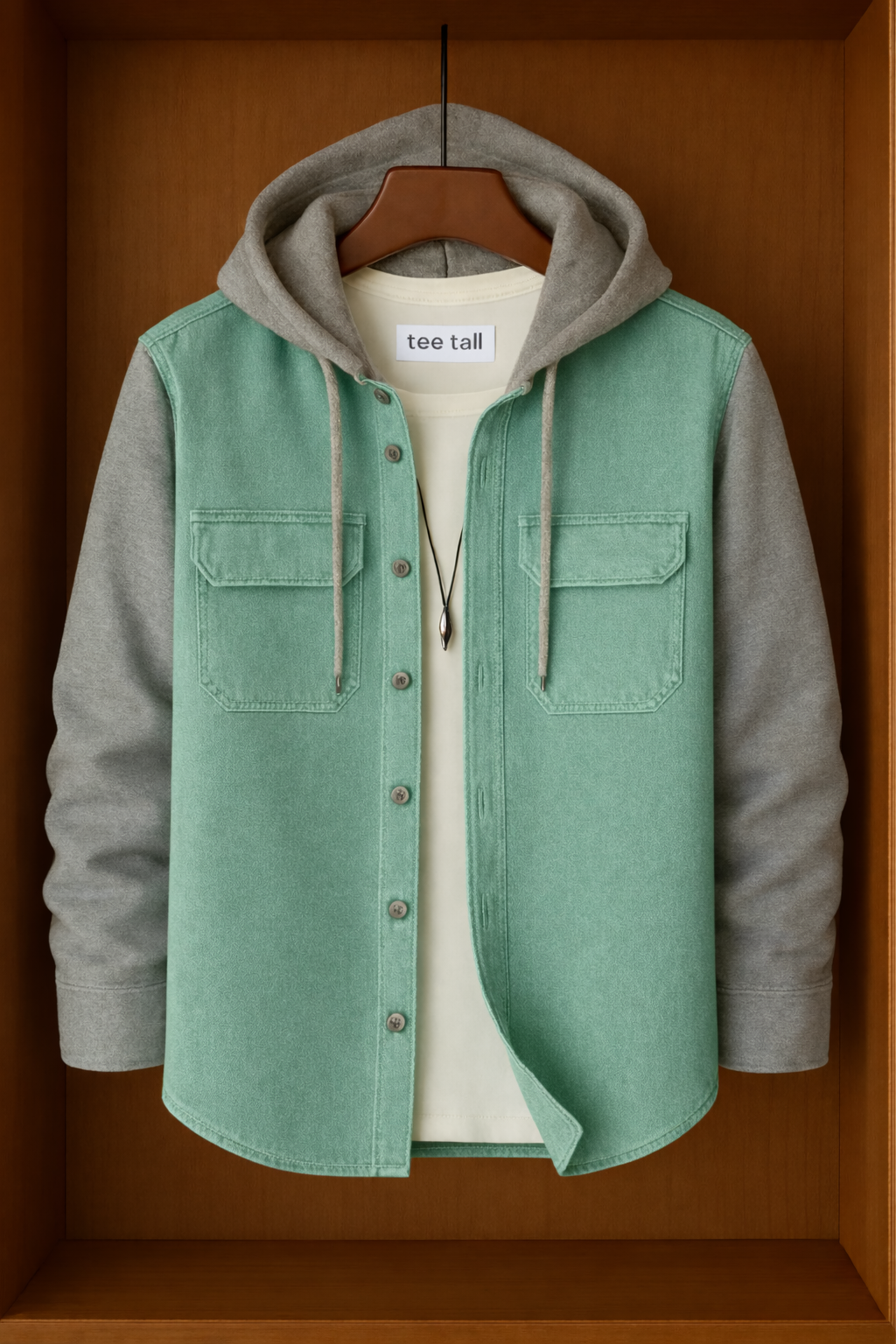 Mens Button Up Cotton Hooded Full Sleeve Shirt TTMBUS149 - Mint Green