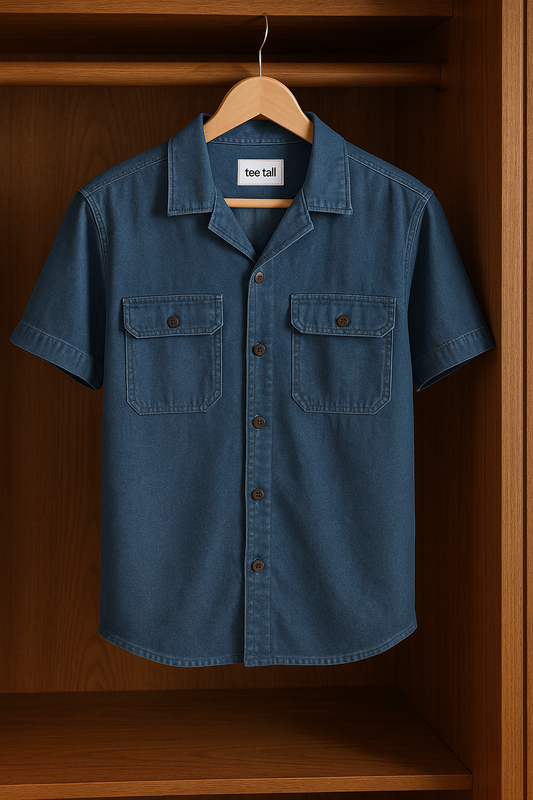 Mens Button Up Cotton Chambray Denim Half Sleeve Shirt TTMBUS52 - Blue