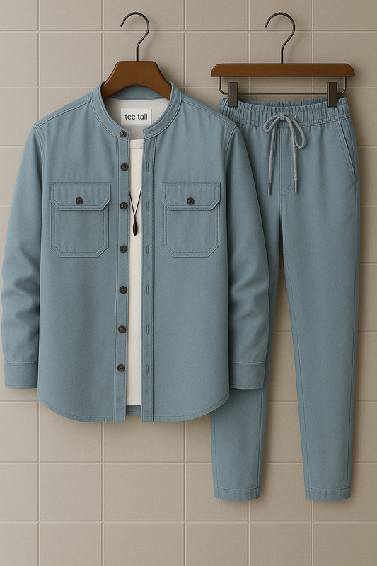 Mens Button Up Cotton Chambray Denim Full Sleeve Shirt and Pants Set TTMSPTS22 - Blue