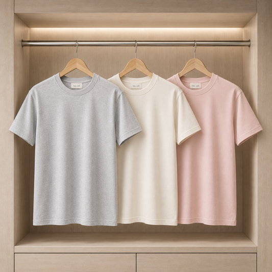 Mens 3 Plain Round Neck T-Shirt Bundle FAMTSB41 - Cream Grey Pink