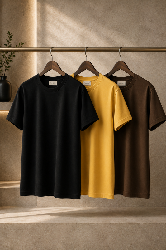 Mens 3 Plain Round Neck T-Shirt Bundle FAMTSB29 - Black Yellow Brown