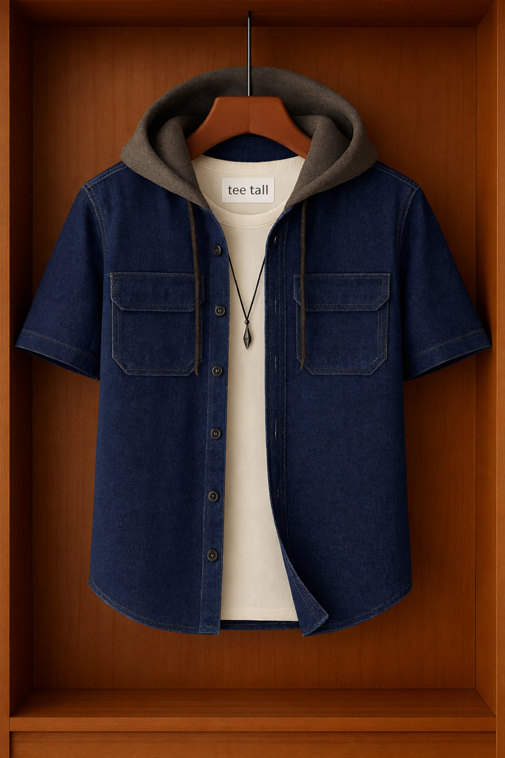 Mens Button Up Cotton Chambray Denim Hooded Full Sleeve Shirt TTMBUS187 - Blue