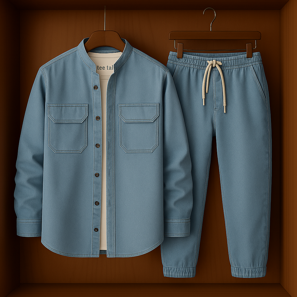Mens Button Up Cotton Chambray Denim Full Sleeve Shirt and Pants Set TTMSPTS17 - Blue
