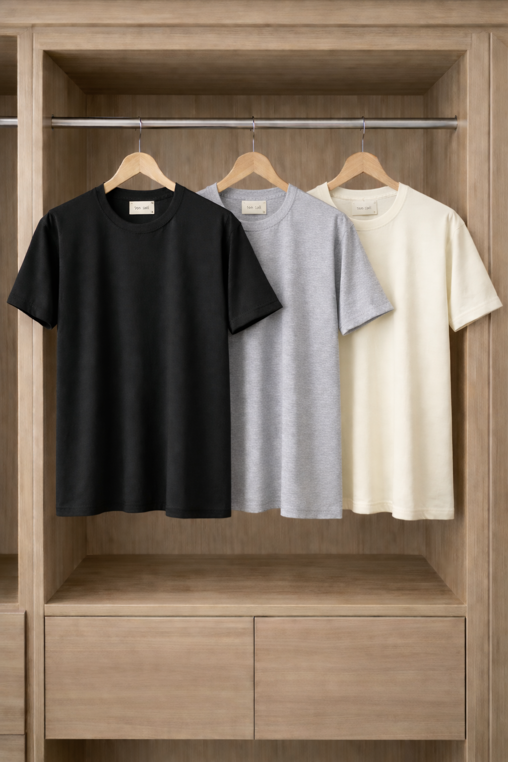 Mens 3 Plain Round Neck T-Shirt Bundle FAMTSB25 - Cream Black Grey