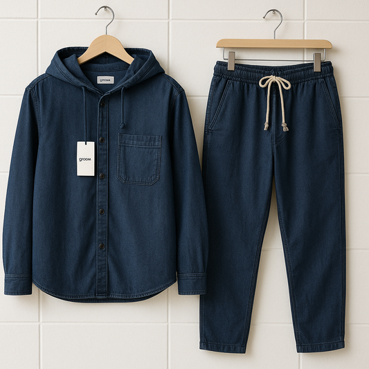 Mens Premium Chambray Hooded Denim Cotton Button Full Sleeve Shirt and Pants Set - GRVSHPS4 - Blue