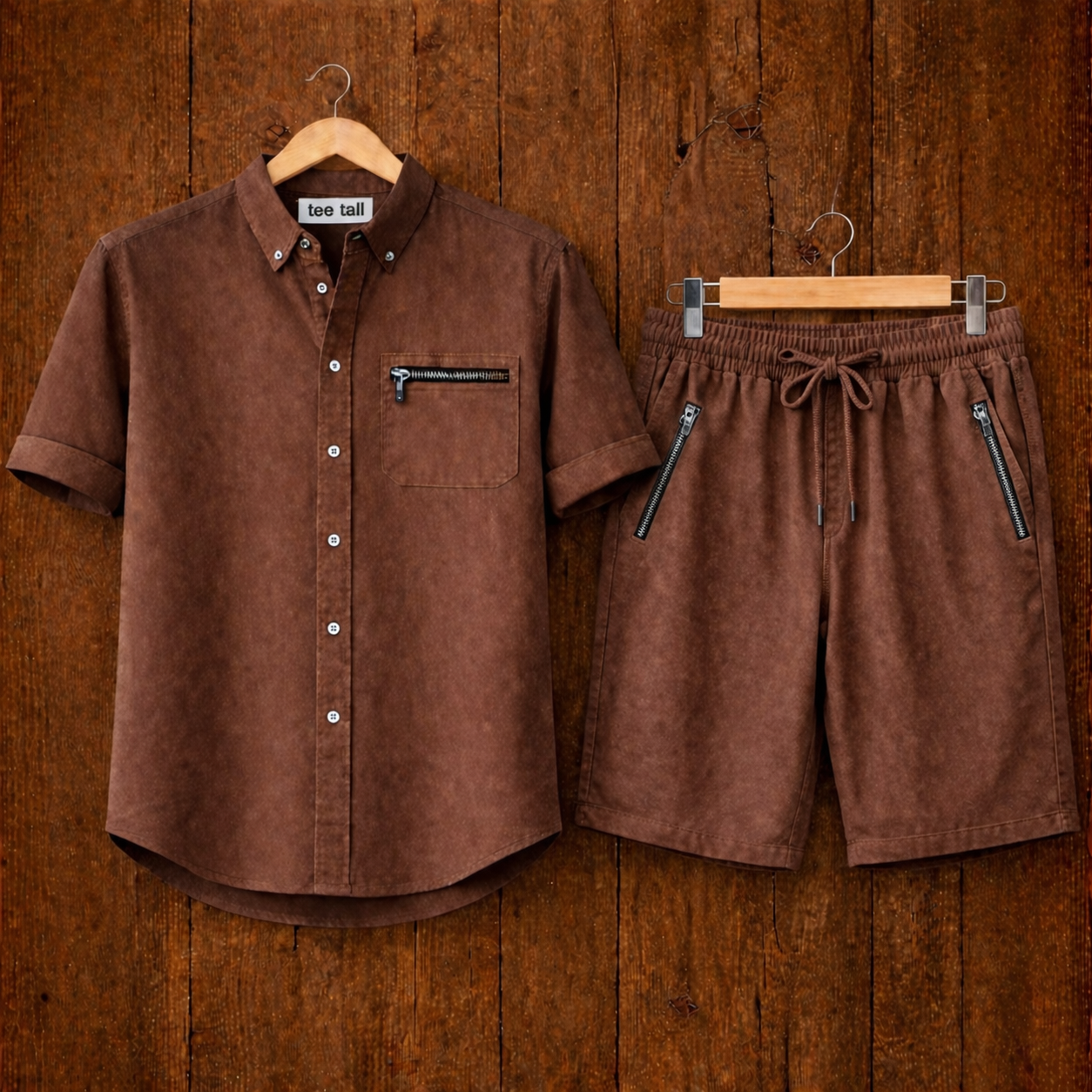 Mens Button Up Cotton Full Sleeve Shirt and Shorts Set TTMSPTS107 - Brown