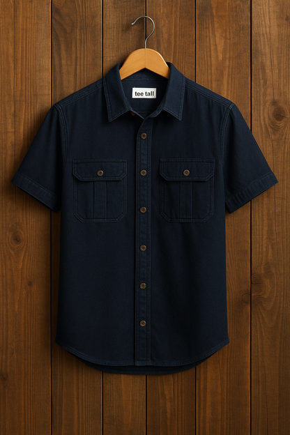 Mens Button Up Cotton Chambray Denim Half Sleeve Shirt TTMBUS58 - Blue