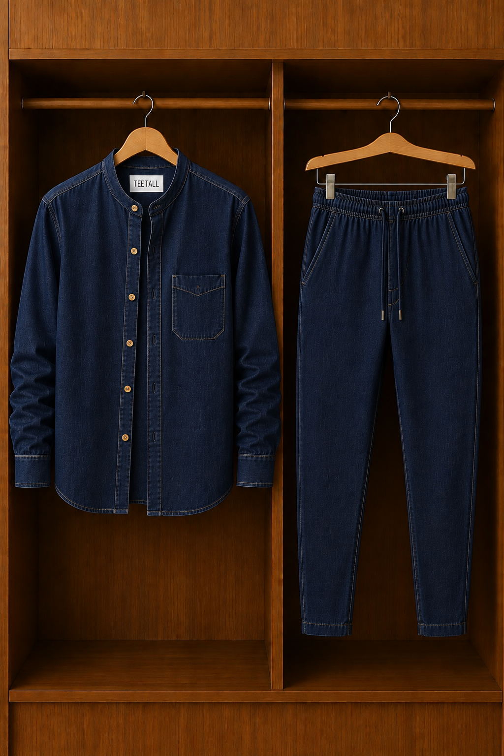 Mens Button Up Summer Chambray Cotton Full Sleeve Shirt and Pants Set TTMSPTS174 - Blue