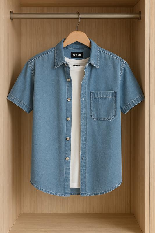 Mens Button Up Half Sleeve Chambray Denim Cotton Shirt TTMBUS35 - Blue